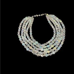 Vintage Aurora Borealis Faceted Glass five strand necklace with hook closure.